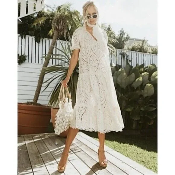 spell fairytale anglaise party dress NEW SPELL & THE GYPSY COLLECTIVE Sz XS FAIRYTALE ANGLAISE GOWN EYELET MIDI  DRESS Women